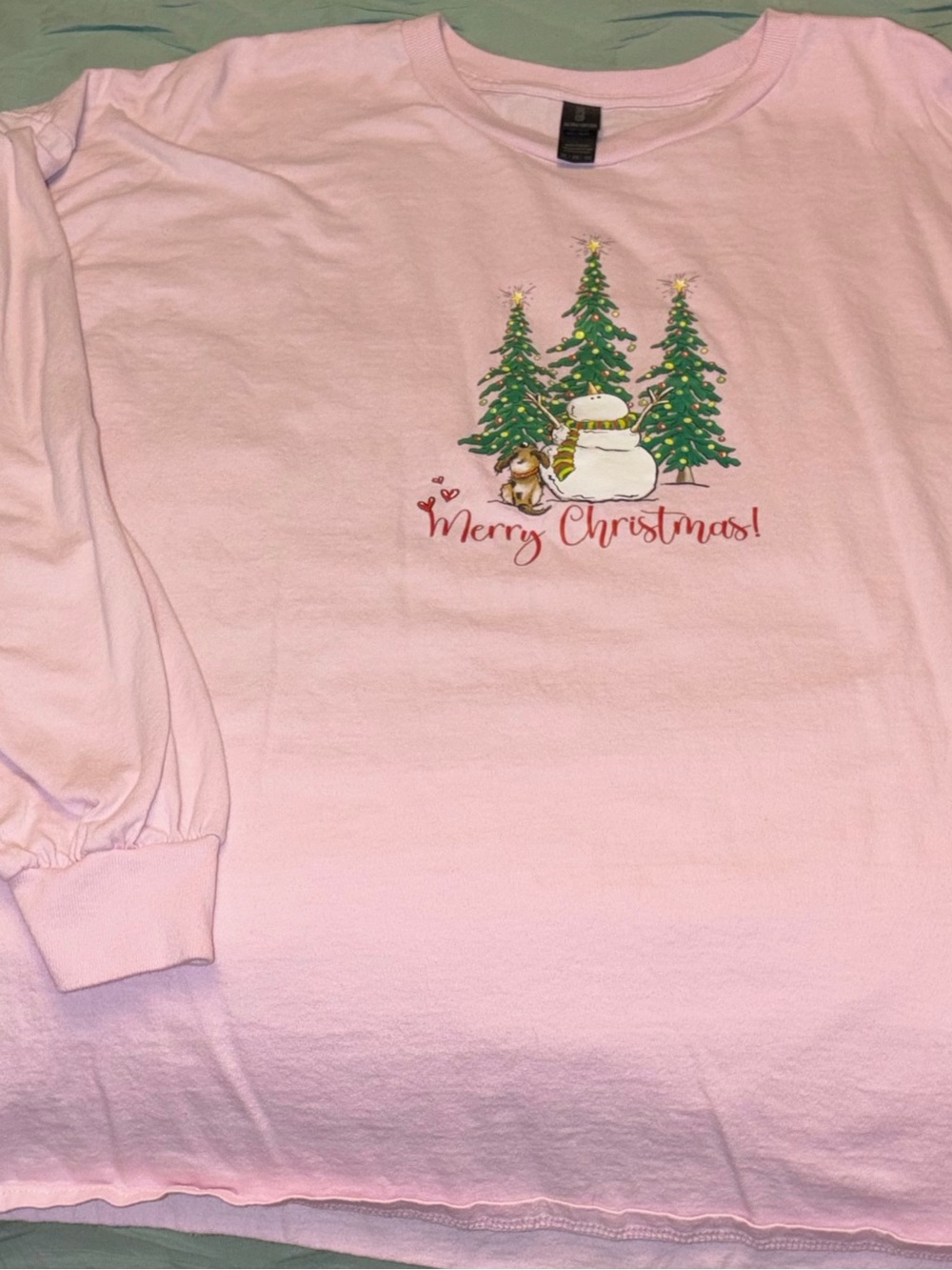 Gildan Light Pink Long Sleeve 'Merry Christmas' Snowman Tee